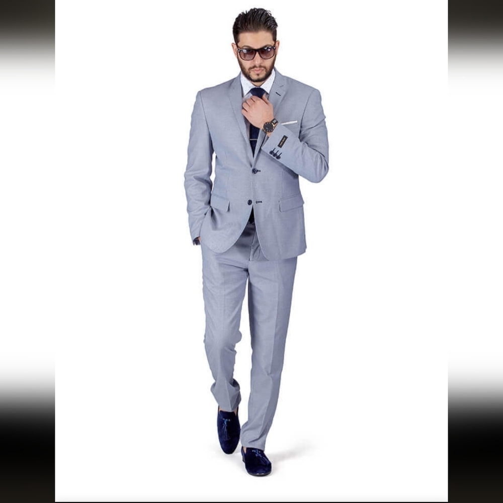 Slim Fit Stone Silver Blue Micro Textured Weave 2 Button Suit 11812
